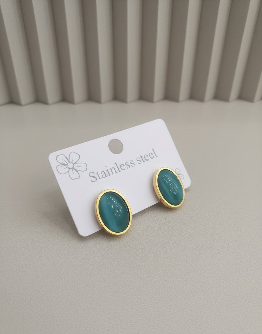 Aura Oval Stud Earrings - Teal Cat's Eye & Gold