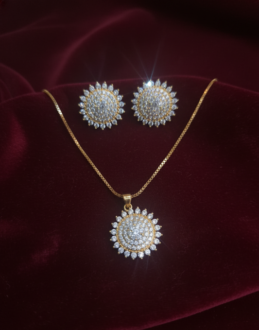 Dazzling Sunburst Crystal CZ Necklace & Earring Set | Radiant White Stone Jewellery
