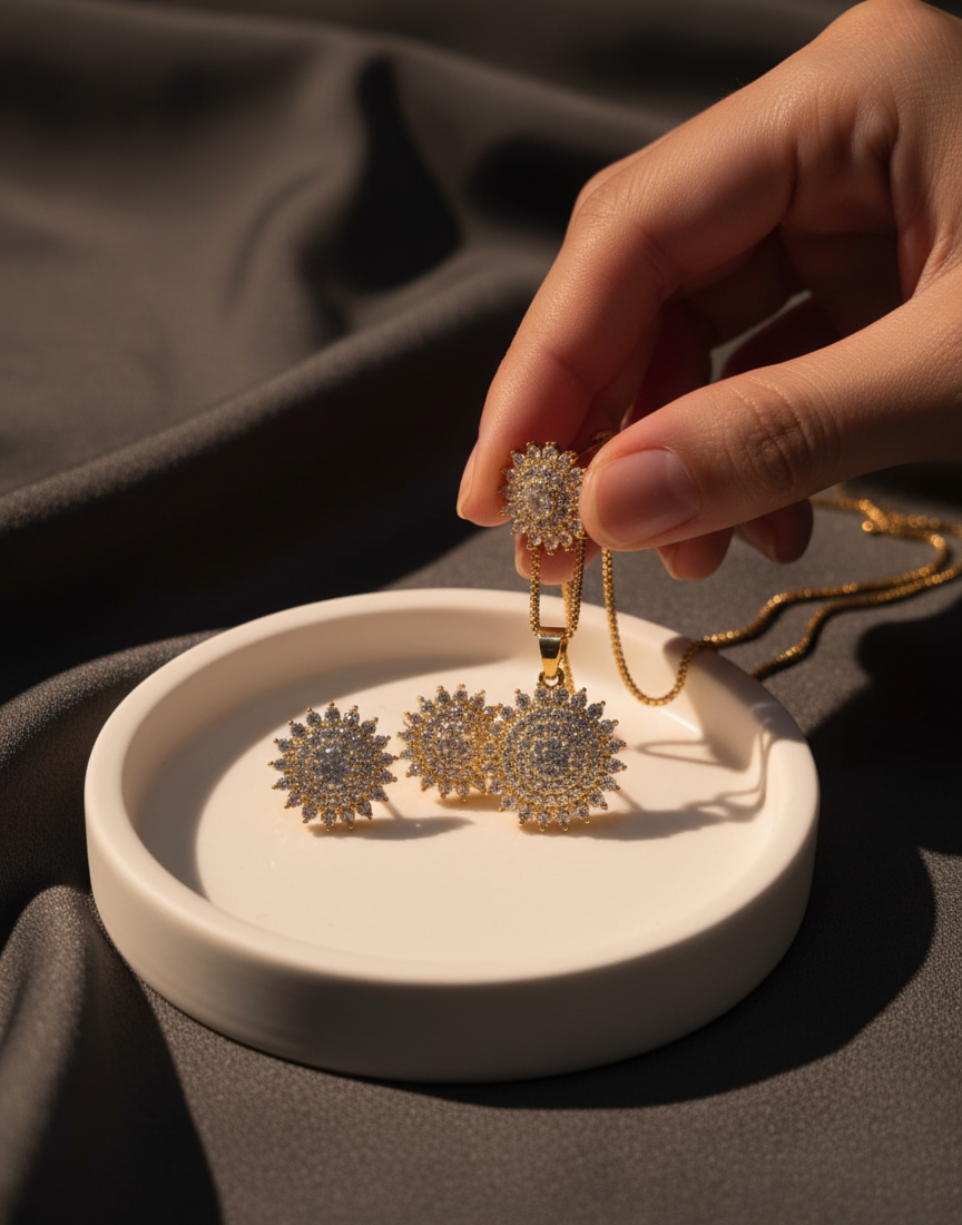 Dazzling Sunburst Crystal CZ Necklace & Earring Set | Radiant White Stone Jewellery