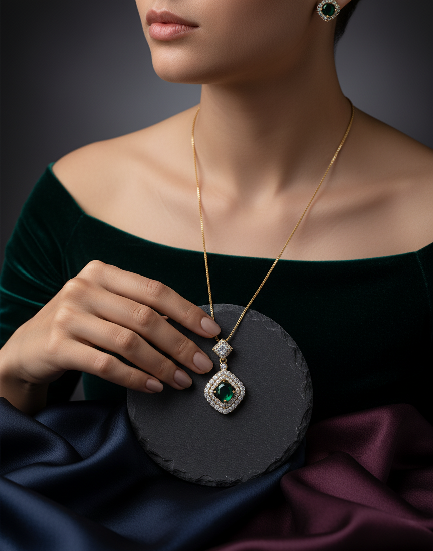 Royal Emerald Charm Necklace & Earring Set