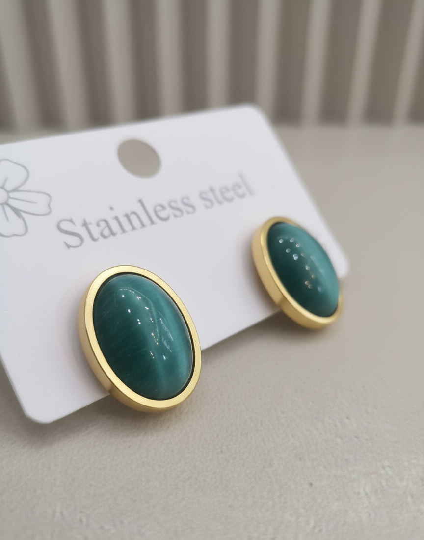 Aura Oval Stud Earrings - Teal Cat's Eye & Gold