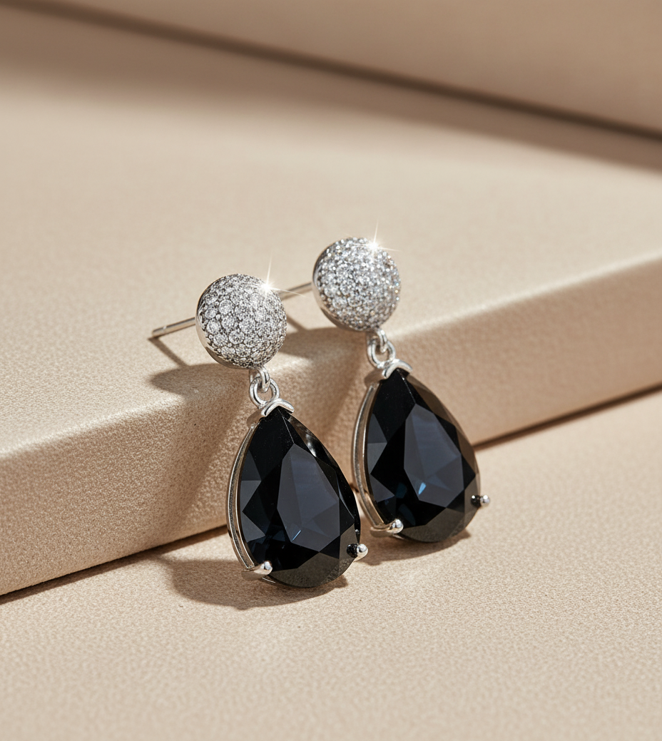 Dramatic Black Pear Drop & Pave Ball Necklace & Earring Set