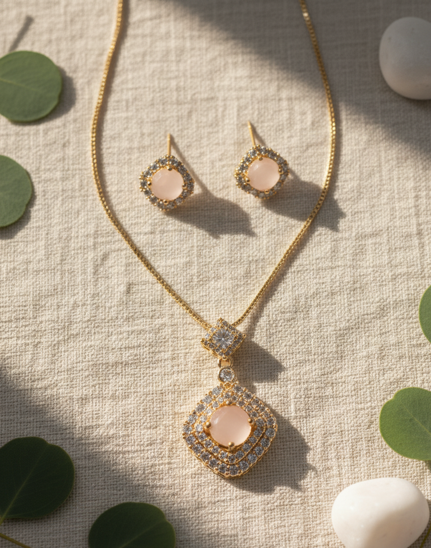 Soft Pink Rose Quartz Pave Halo Gold Jewelry Set