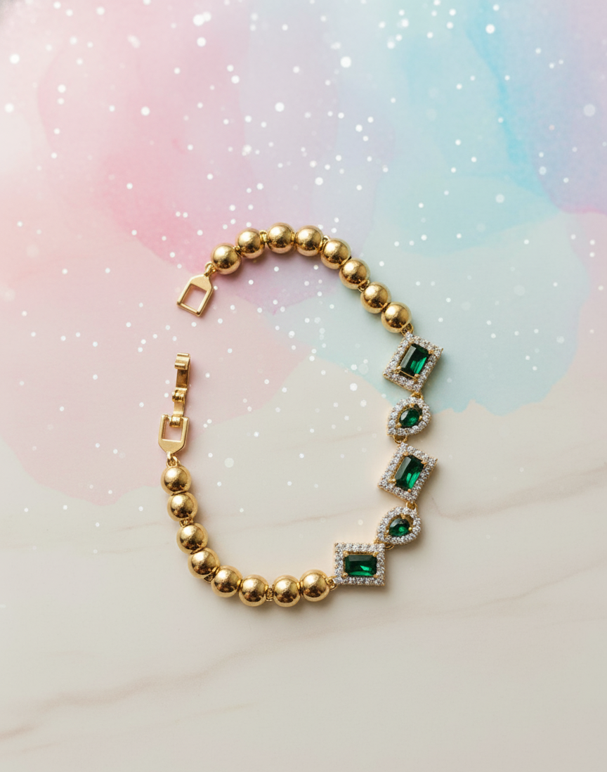 Mixed-Cut Green Gemstone Gold Bead Bracelet