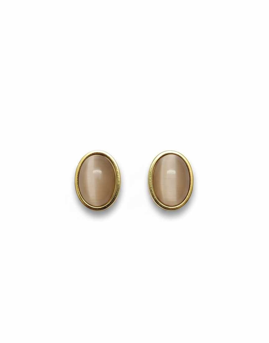 Classic Oval Cat's Eye Cabochon Gold Stud Earrings