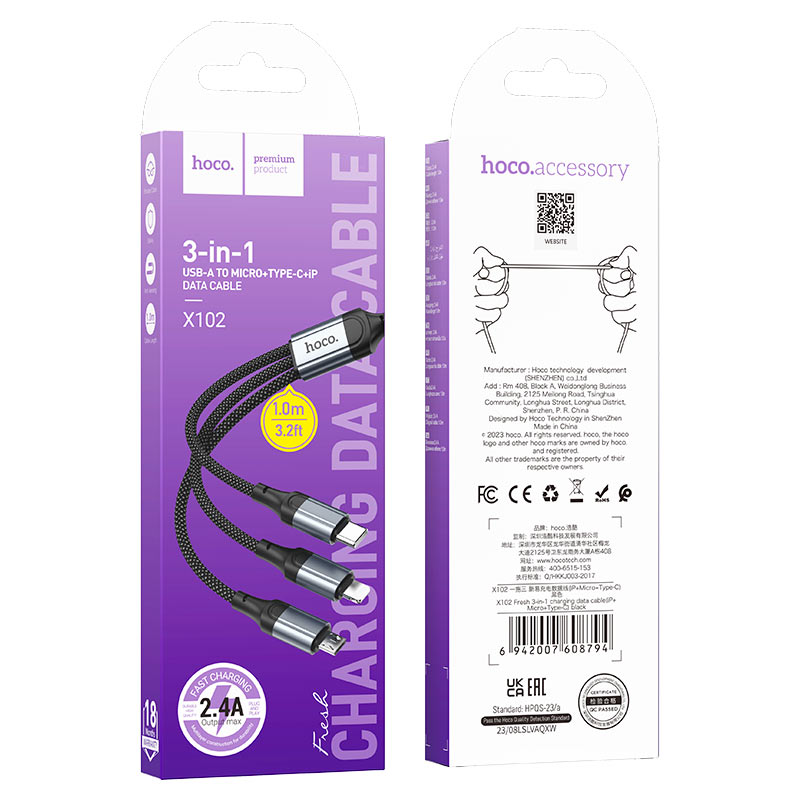 X102 Fresh 3-in-1 Charging Data Cable – iPhone, Micro USB & Type-C