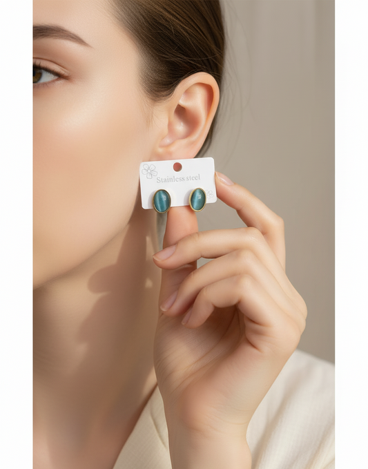 Aura Oval Stud Earrings - Teal Cat's Eye & Gold
