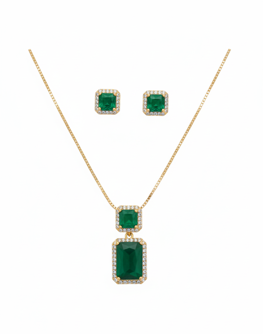 Emerald Enchantment CZ Necklace & Earring Set | Luxurious Green Gemstone Jewellery