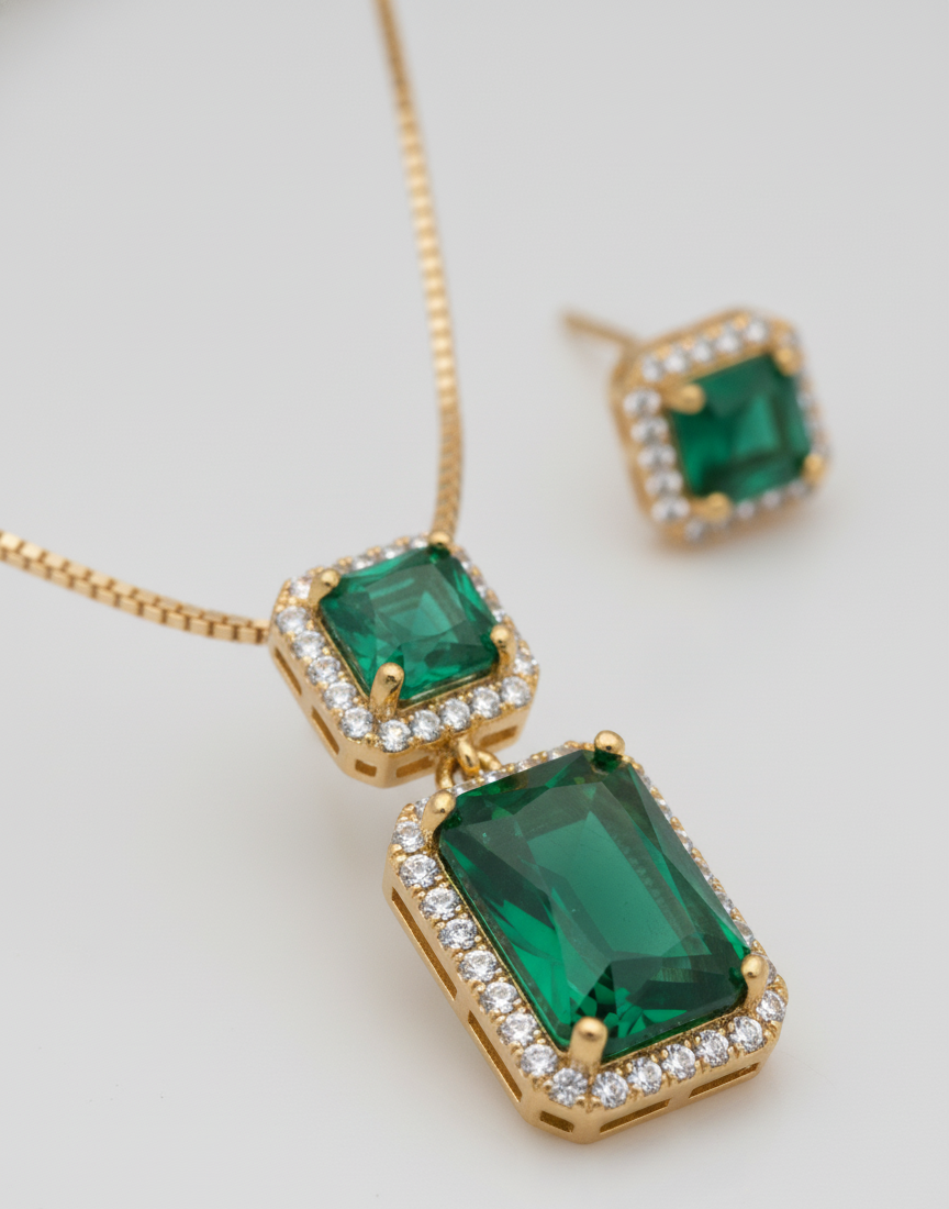 Emerald Enchantment CZ Necklace & Earring Set | Luxurious Green Gemstone Jewellery