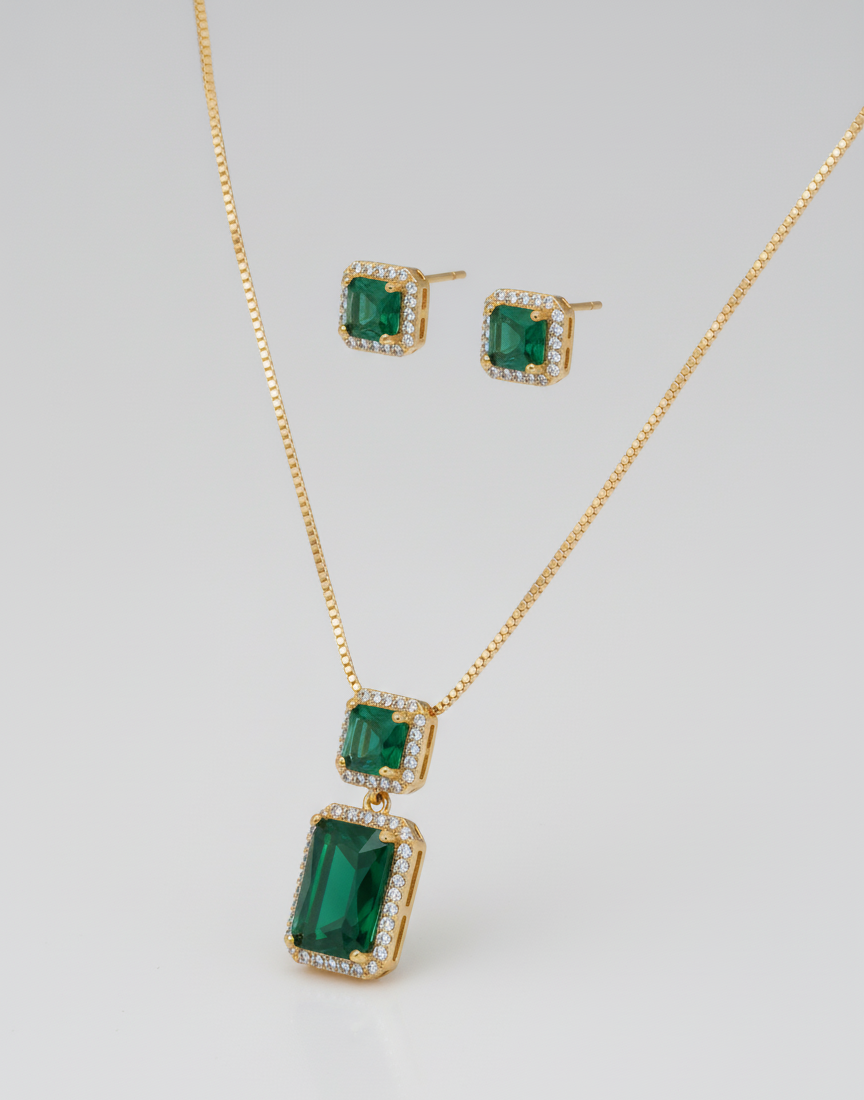 Emerald Enchantment CZ Necklace & Earring Set | Luxurious Green Gemstone Jewellery