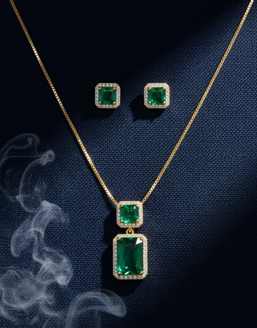 Emerald Enchantment CZ Necklace & Earring Set | Luxurious Green Gemstone Jewellery