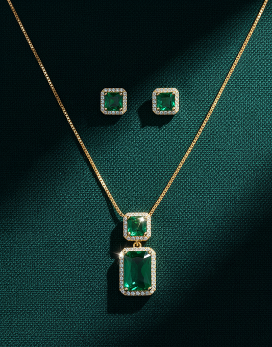 Emerald Enchantment CZ Necklace & Earring Set | Luxurious Green Gemstone Jewellery