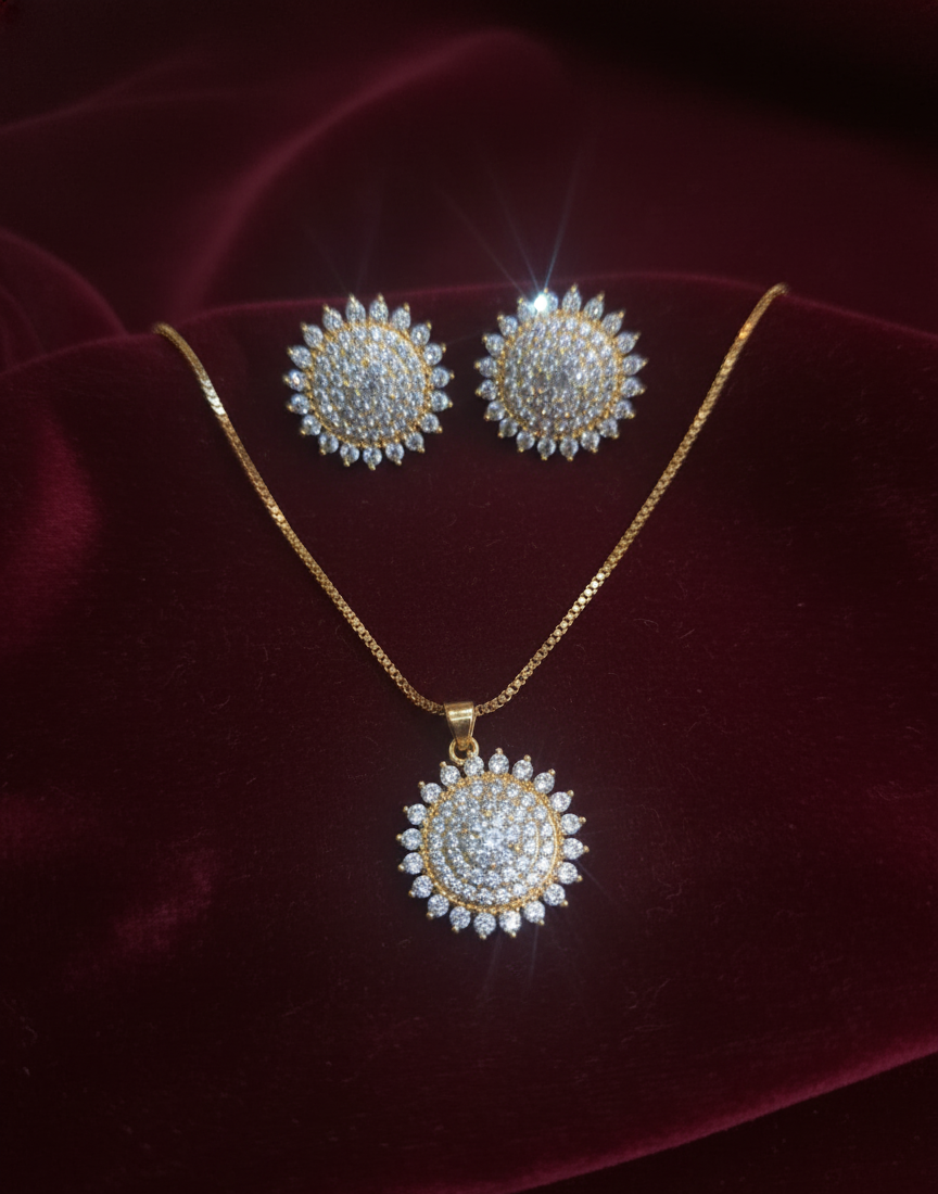 Dazzling Sunburst Crystal CZ Necklace & Earring Set | Radiant White Stone Jewellery