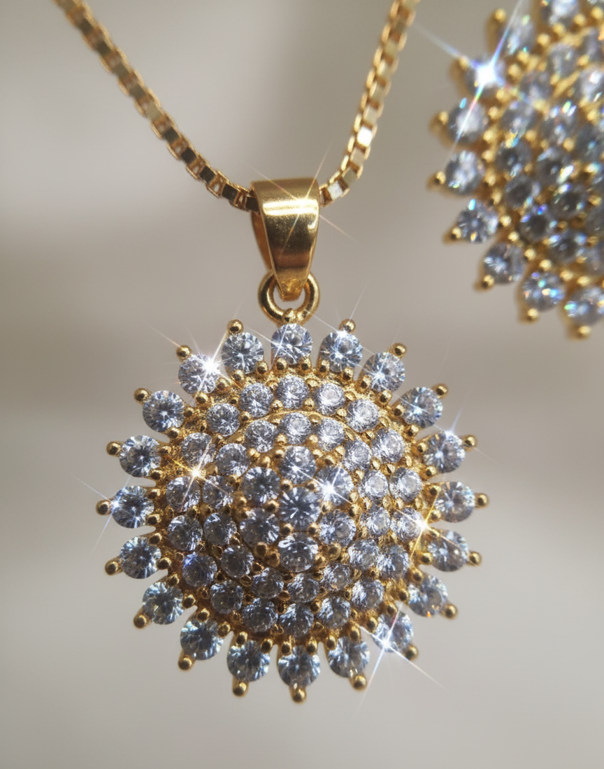 Dazzling Sunburst Crystal CZ Necklace & Earring Set | Radiant White Stone Jewellery