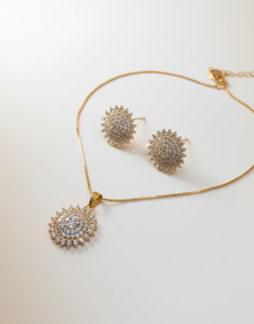 Dazzling Sunburst Crystal CZ Necklace & Earring Set | Radiant White Stone Jewellery