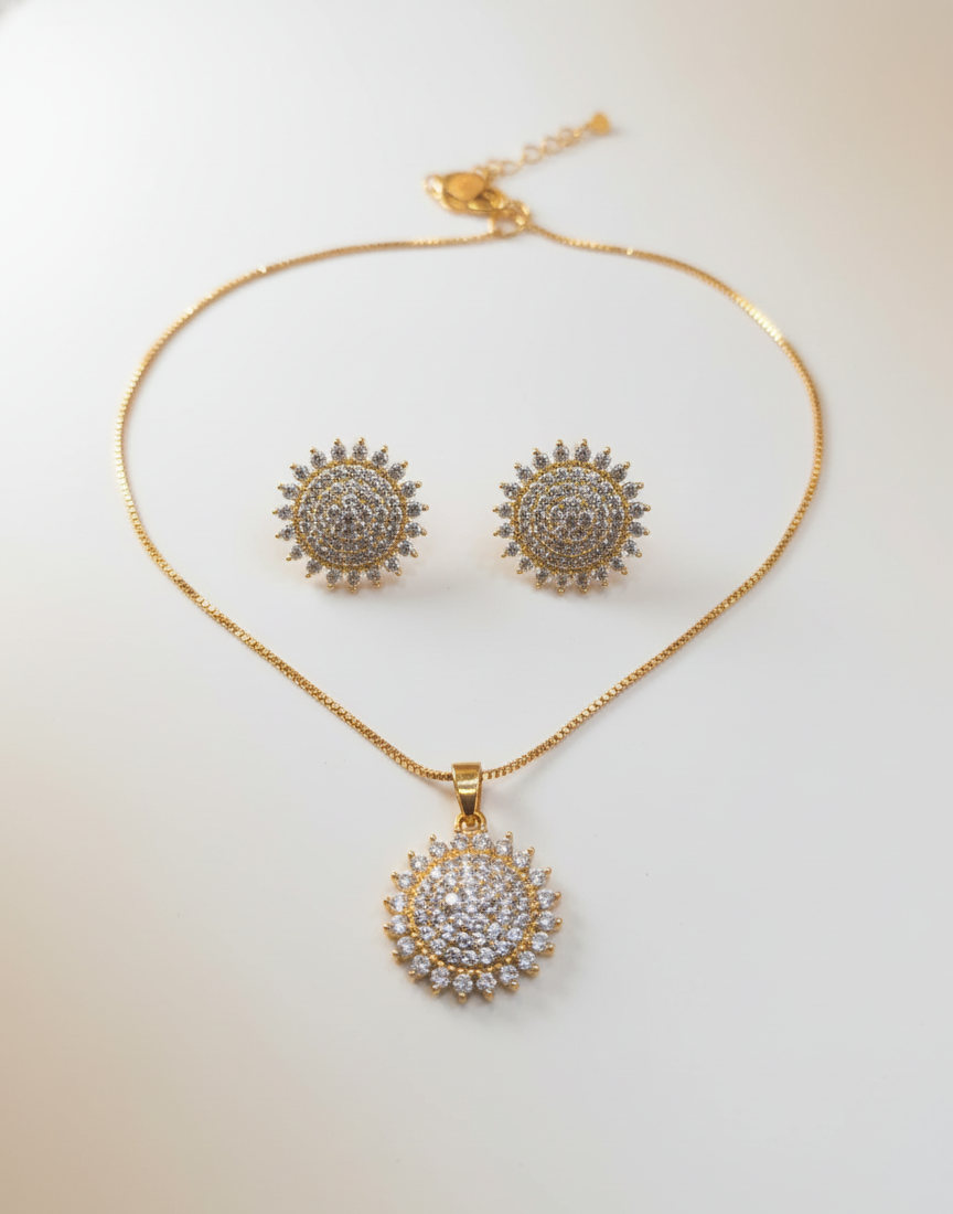 Dazzling Sunburst Crystal CZ Necklace & Earring Set | Radiant White Stone Jewellery