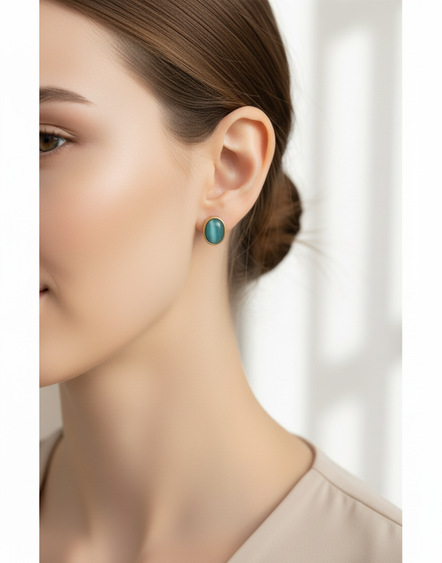 Aura Oval Stud Earrings - Teal Cat's Eye & Gold