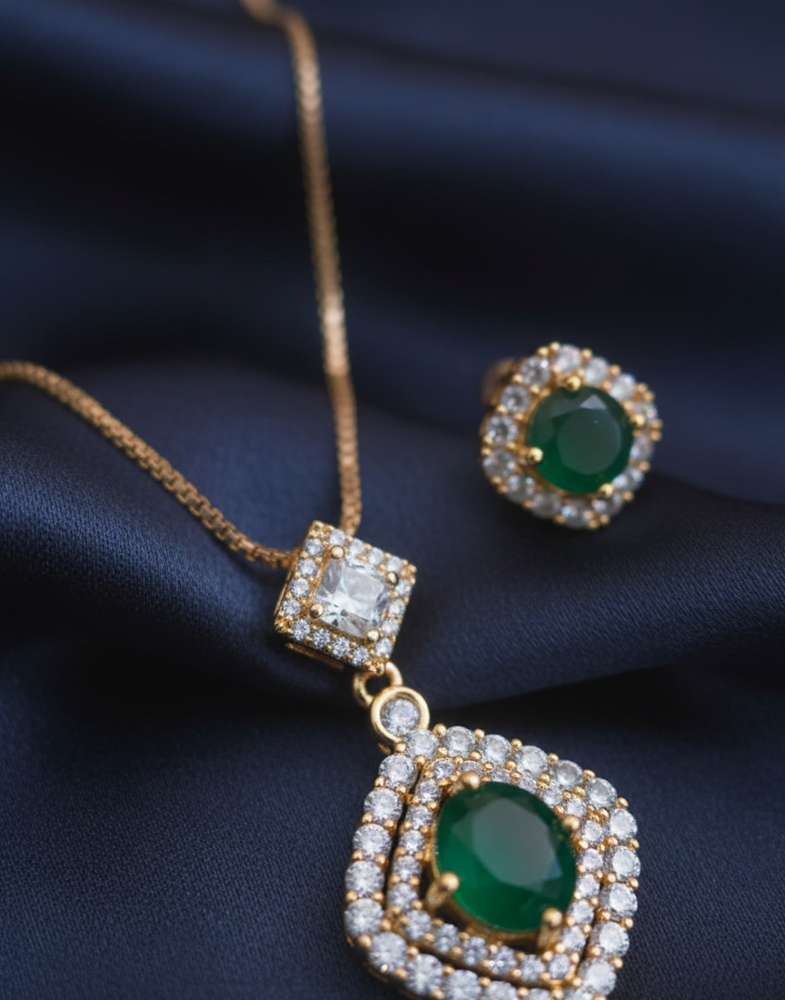 Royal Emerald Charm Necklace & Earring Set
