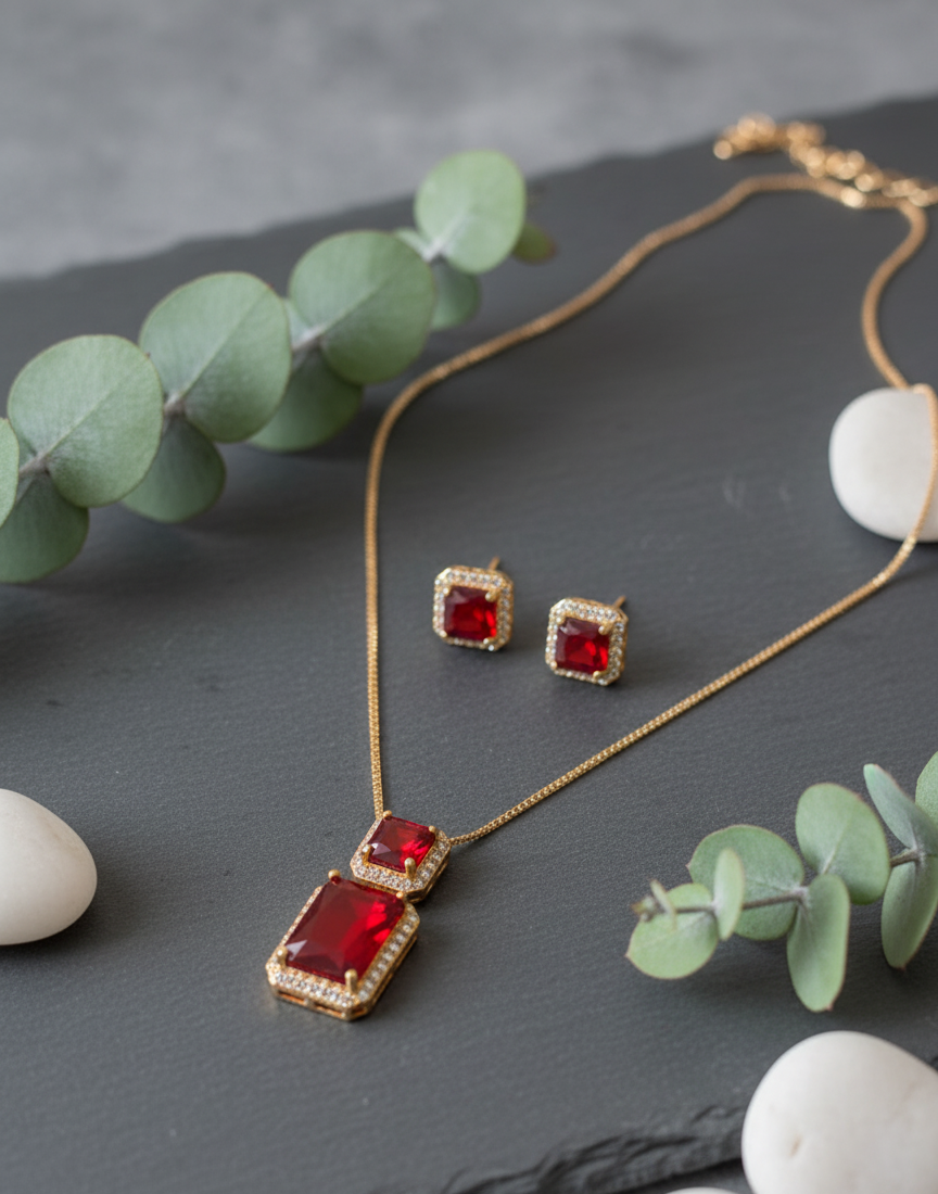 Regal Ruby Red Square-Cut Pave Halo Jewelry Set