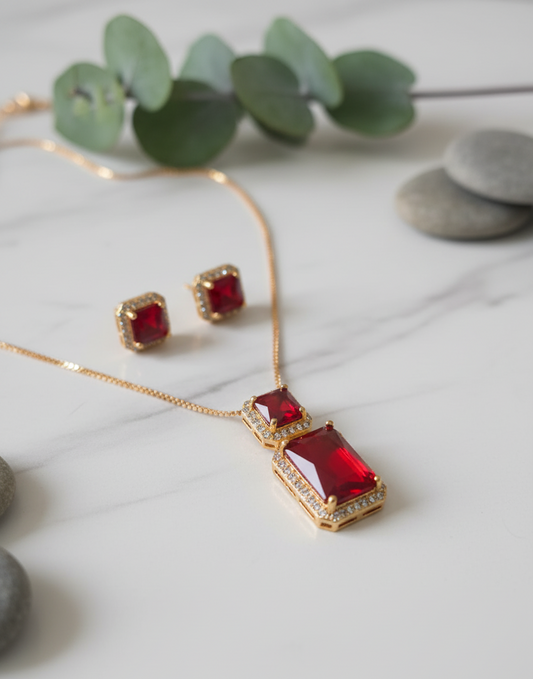 Regal Ruby Red Square-Cut Pave Halo Jewelry Set