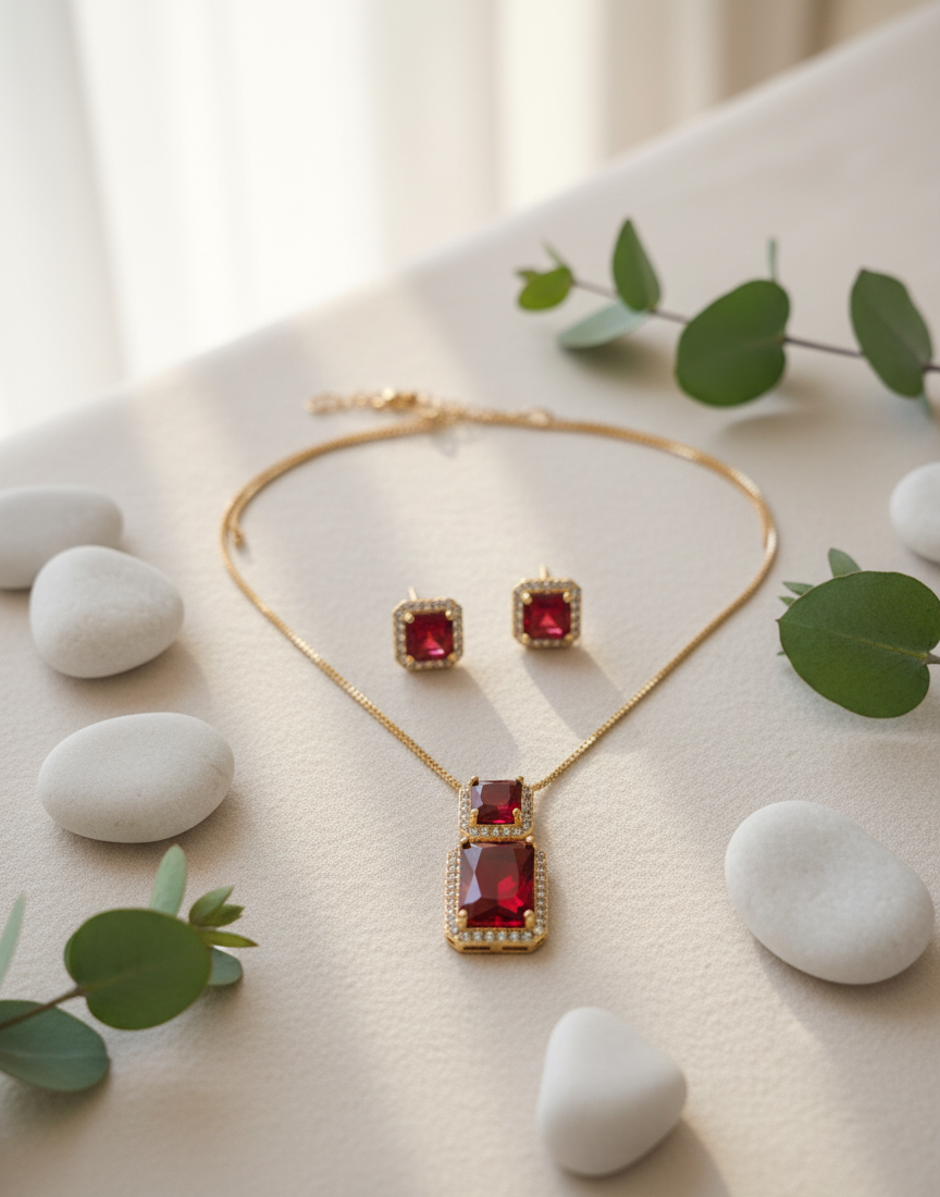 Regal Ruby Red Square-Cut Pave Halo Jewelry Set