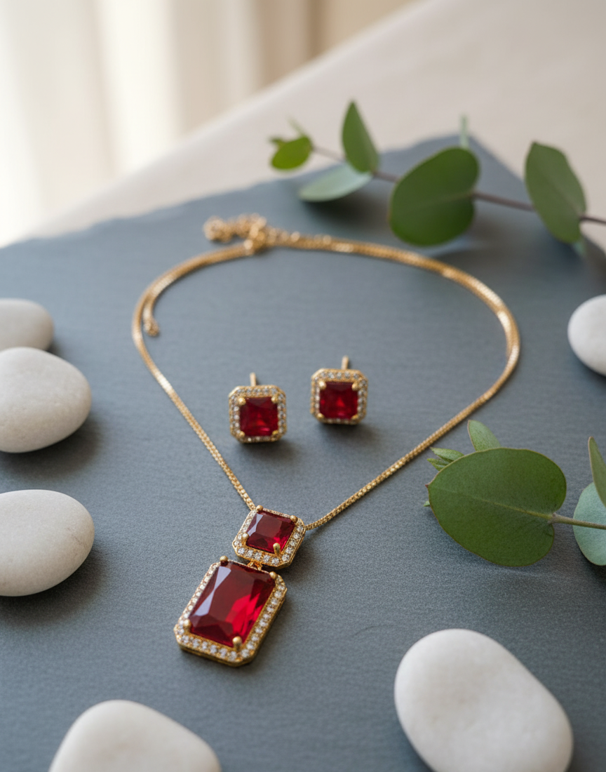 Regal Ruby Red Square-Cut Pave Halo Jewelry Set