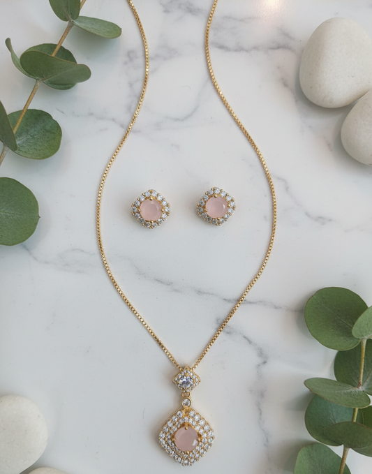 Soft Pink Rose Quartz Pave Halo Gold Jewelry Set