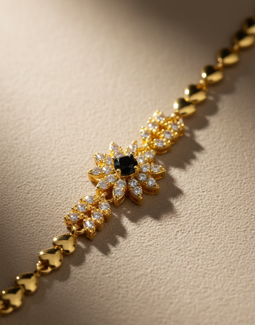 Black Gemstone Daisy Heart Chain Bracelet