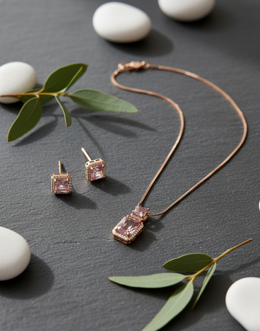 Rose Gold Mystic Multi-Color Square Halo Jewelry Set (S925 Silver)