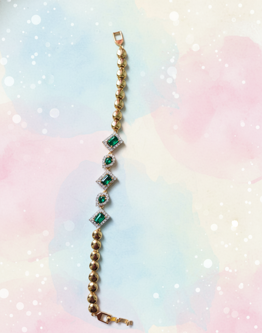 Mixed-Cut Green Gemstone Gold Bead Bracelet