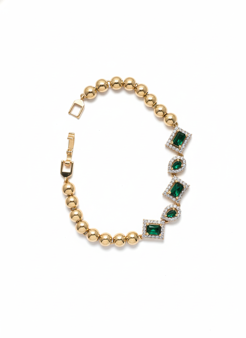 Mixed-Cut Green Gemstone Gold Bead Bracelet