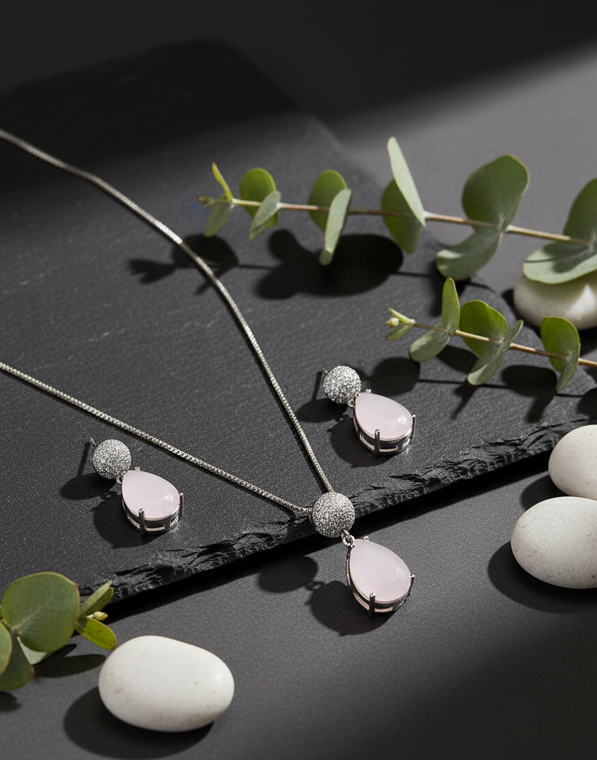 Elegant Pink Teardrop Pave Accent Necklace & Earrings Set