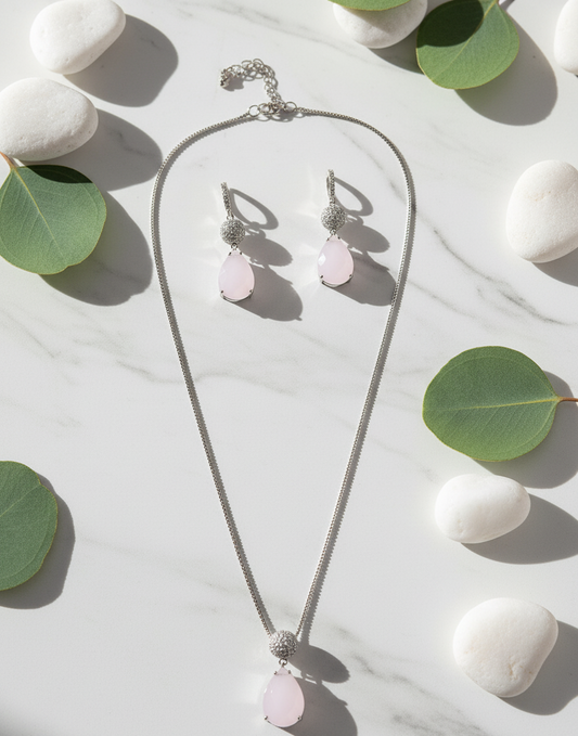 Elegant Pink Teardrop Pave Accent Necklace & Earrings Set