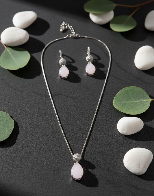 Elegant Pink Teardrop Pave Accent Necklace & Earrings Set